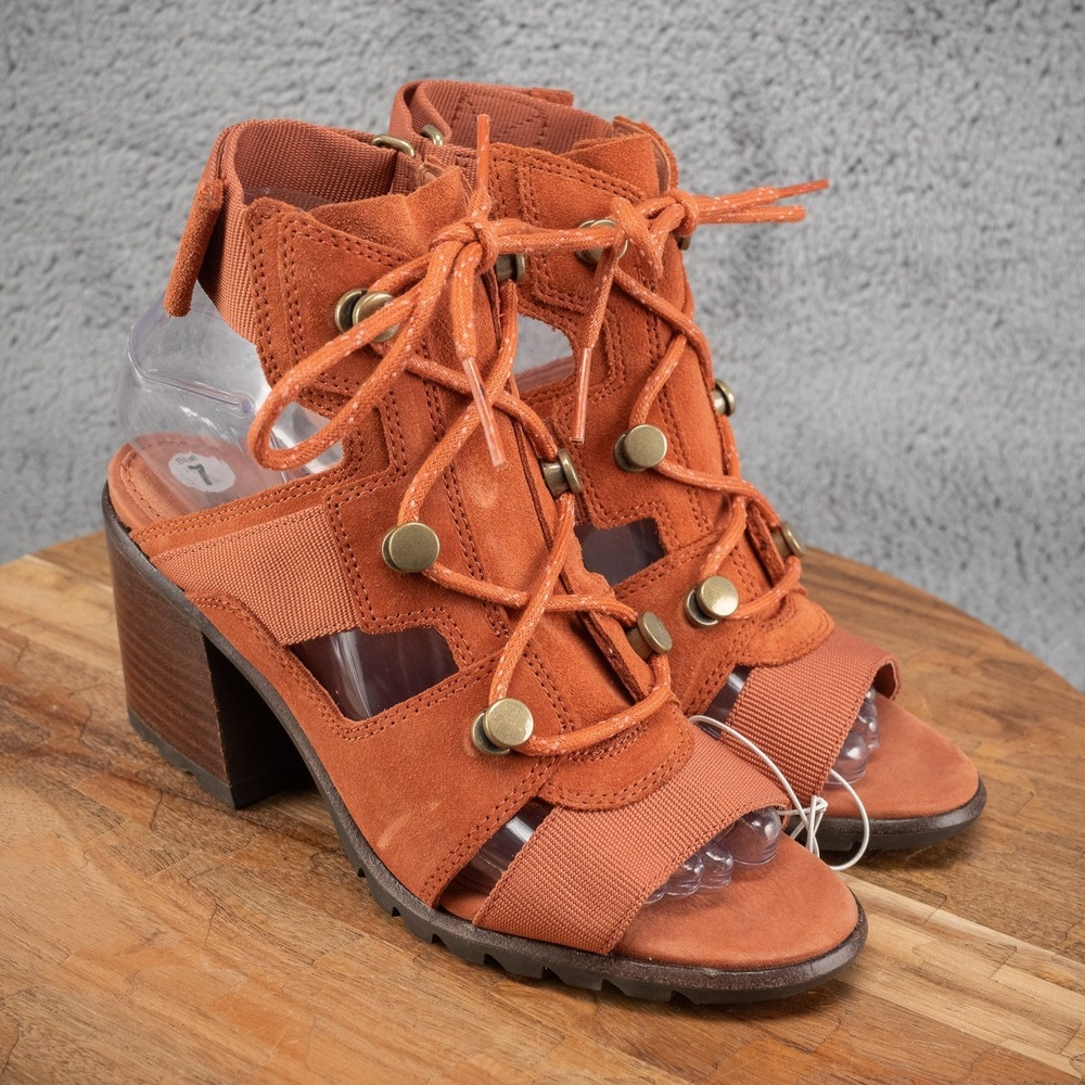 Sorel Shoes Womens Sz 7 Nadia Teak Brown‎ Suede Lace Sandal Block Heel $135